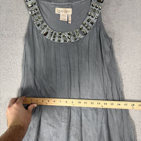 Laura Vann Women’s Size S Silk Gray Mini Dress Micro Pleat Layered Chiffon Jewel - Picture 11 of 16